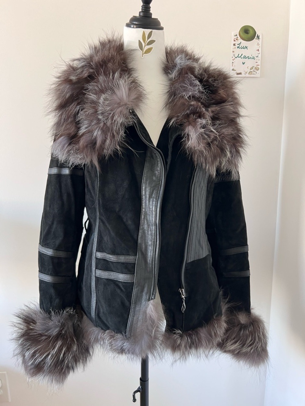 Vintage Black Real Suede Fox Fur Trim Collar & Cuffs Biker Moto Jacket Size M-L